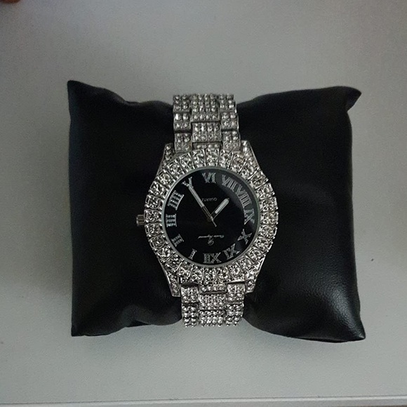 Iced Out Roman Numeral BustDown Watch Silver Black Dial HipHop Bling Quartz